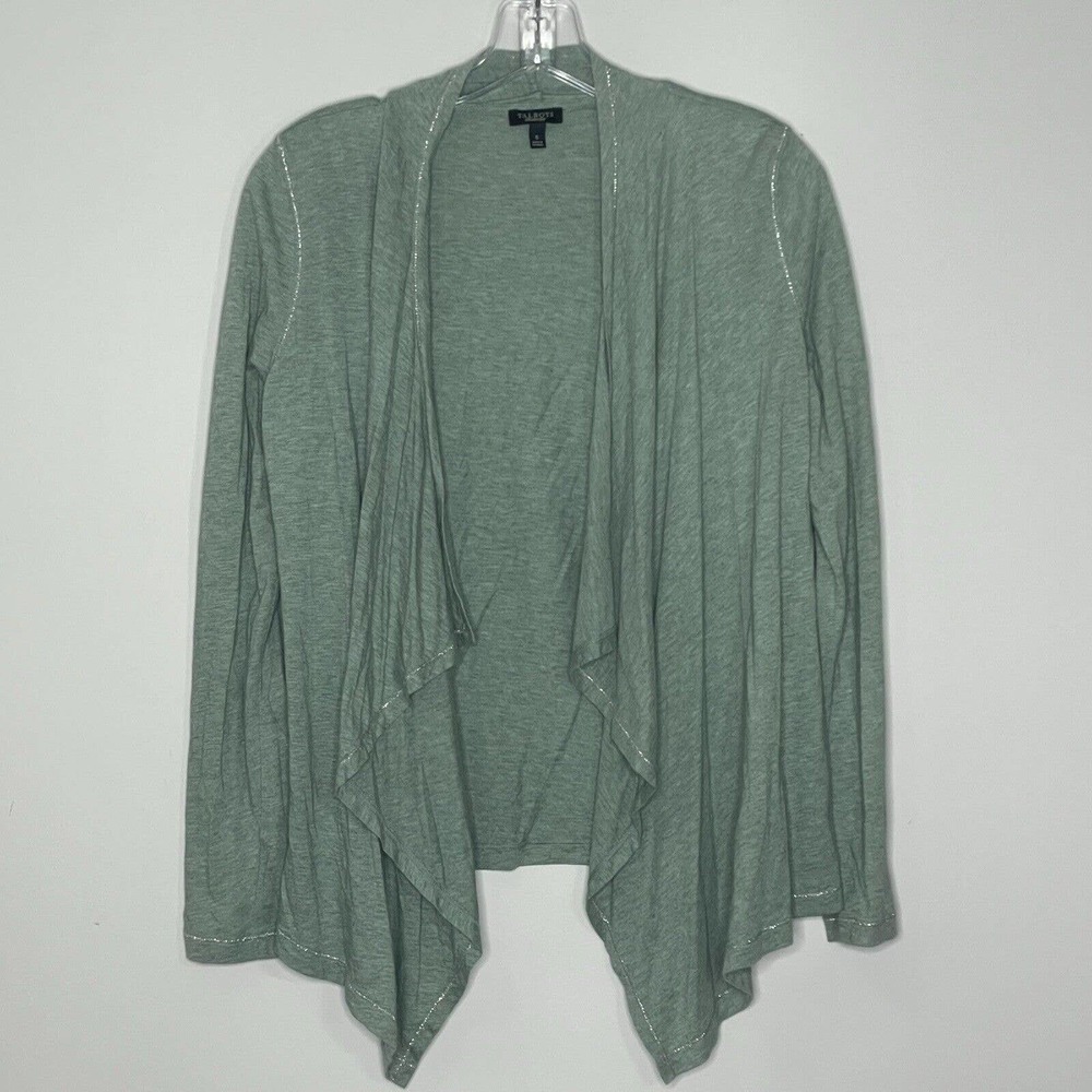 Talbots Cardigan Small Green Open Front Cotton Stretch Shawl Collar Long Sleeve